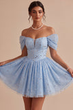 A Line Sky Blue Sparkly Beaded Short Homecoming Dress