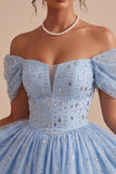A Line Sky Blue Sparkly Beaded Short Homecoming Dress