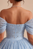 A Line Sky Blue Sparkly Beaded Short Homecoming Dress