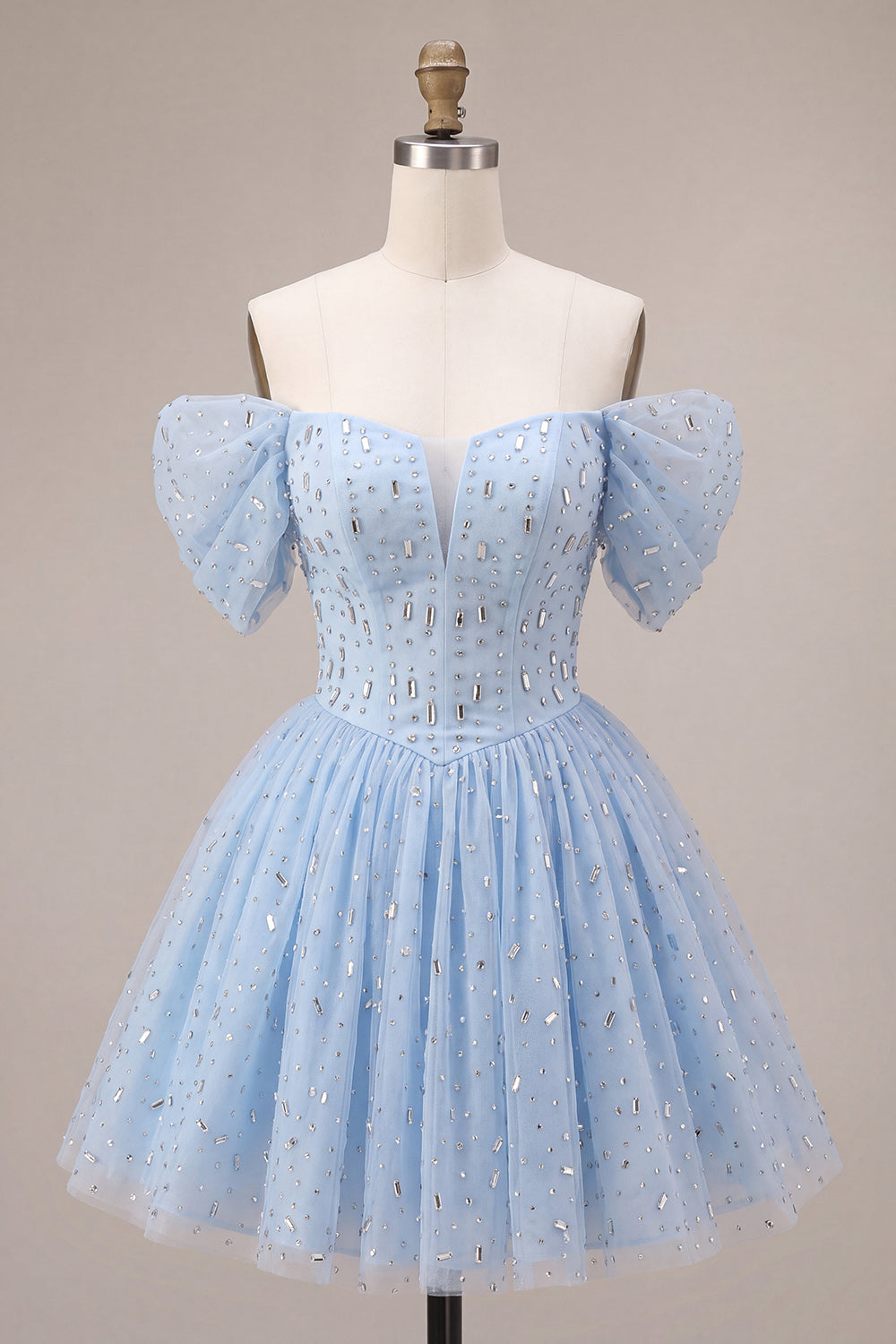 A Line Sky Blue Sparkly Beaded Short Homecoming Dress