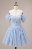 A Line Sky Blue Sparkly Beaded Short Homecoming Dress