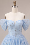 A Line Sky Blue Sparkly Beaded Short Homecoming Dress
