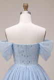 A Line Sky Blue Sparkly Beaded Short Homecoming Dress