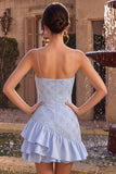 Floral Dusty Blue A Line Tiered Ruffled Short Homecoming Dress