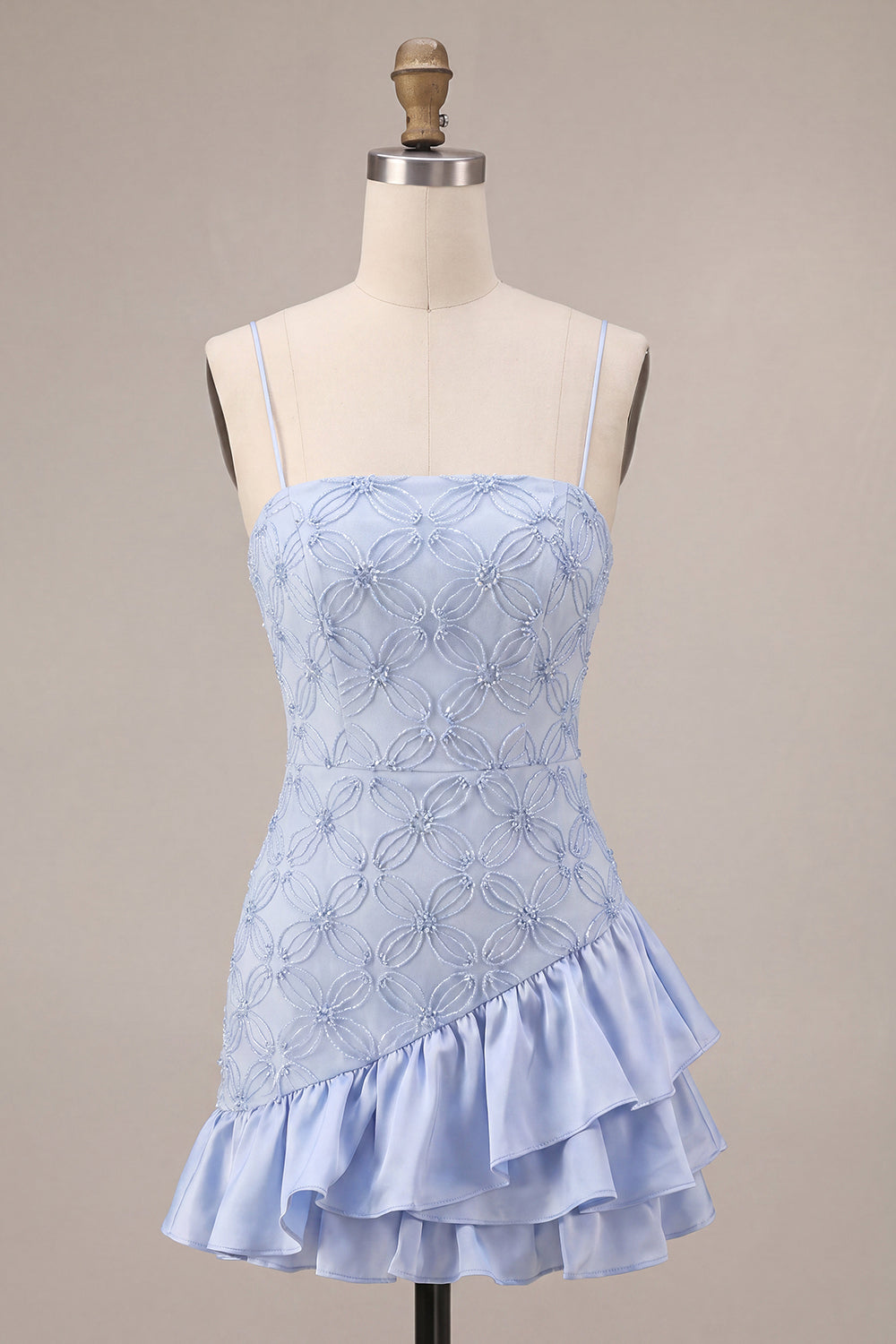 Floral Dusty Blue A Line Tiered Ruffled Short Homecoming Dress