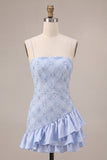 Floral Dusty Blue A Line Tiered Ruffled Short Homecoming Dress
