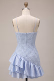 Floral Dusty Blue A Line Tiered Ruffled Short Homecoming Dress