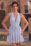 Sky Blue A Line Sequin Halter Short Homecoming Dress