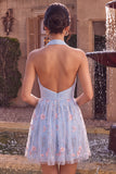 Sky Blue A Line Sequin Halter Short Homecoming Dress
