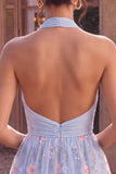 Sky Blue A Line Sequin Halter Short Homecoming Dress
