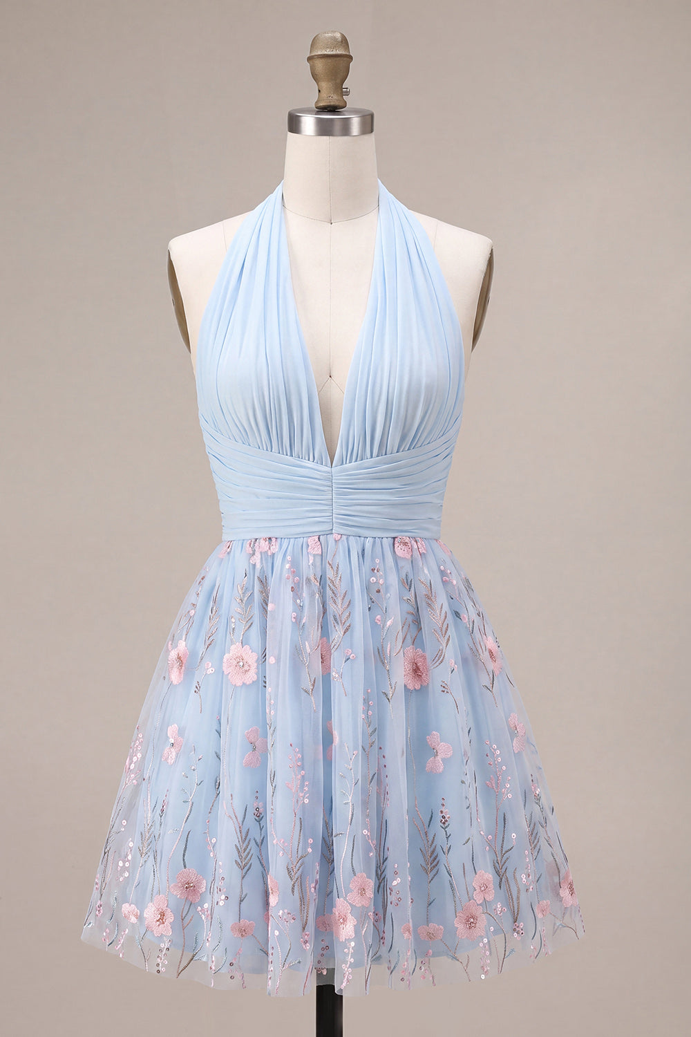 Sky Blue A Line Sequin Halter Short Homecoming Dress