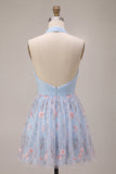 Sky Blue A Line Sequin Halter Short Homecoming Dress