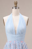 Sky Blue A Line Sequin Halter Short Homecoming Dress