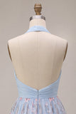 Sky Blue A Line Sequin Halter Short Homecoming Dress