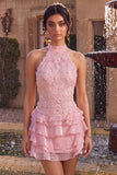 Floral Pink A Line Beaded Halter Short Homecoming Dress with Ruffles