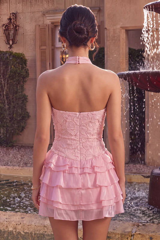 Floral Pink A Line Beaded Halter Short Homecoming Dress with Ruffles