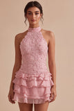 Floral Pink A Line Beaded Halter Short Homecoming Dress with Ruffles
