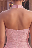 Floral Pink A Line Beaded Halter Short Homecoming Dress with Ruffles