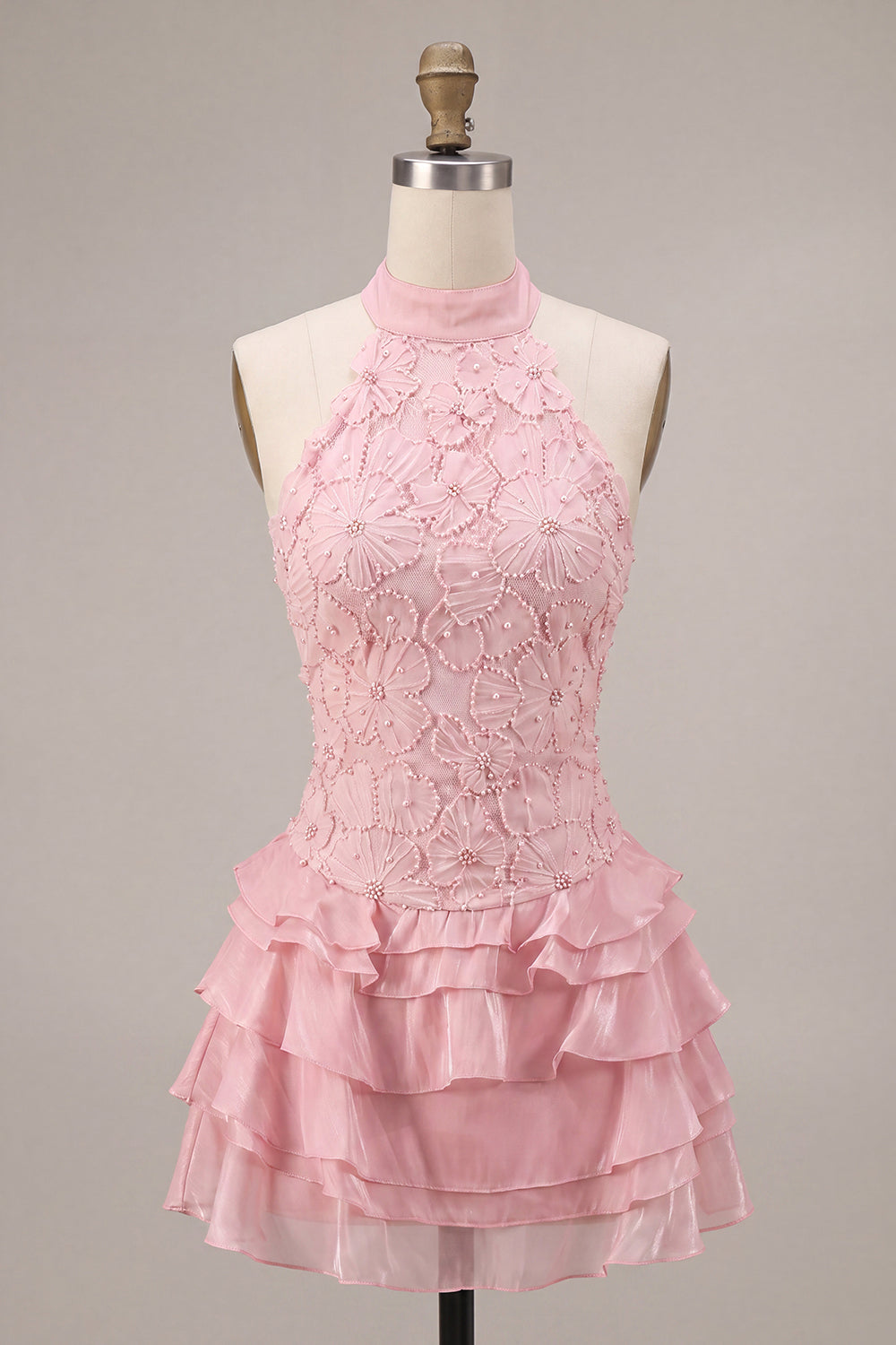 Floral Pink A Line Beaded Halter Short Homecoming Dress with Ruffles