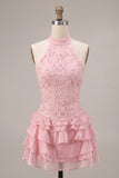 Floral Pink A Line Beaded Halter Short Homecoming Dress with Ruffles