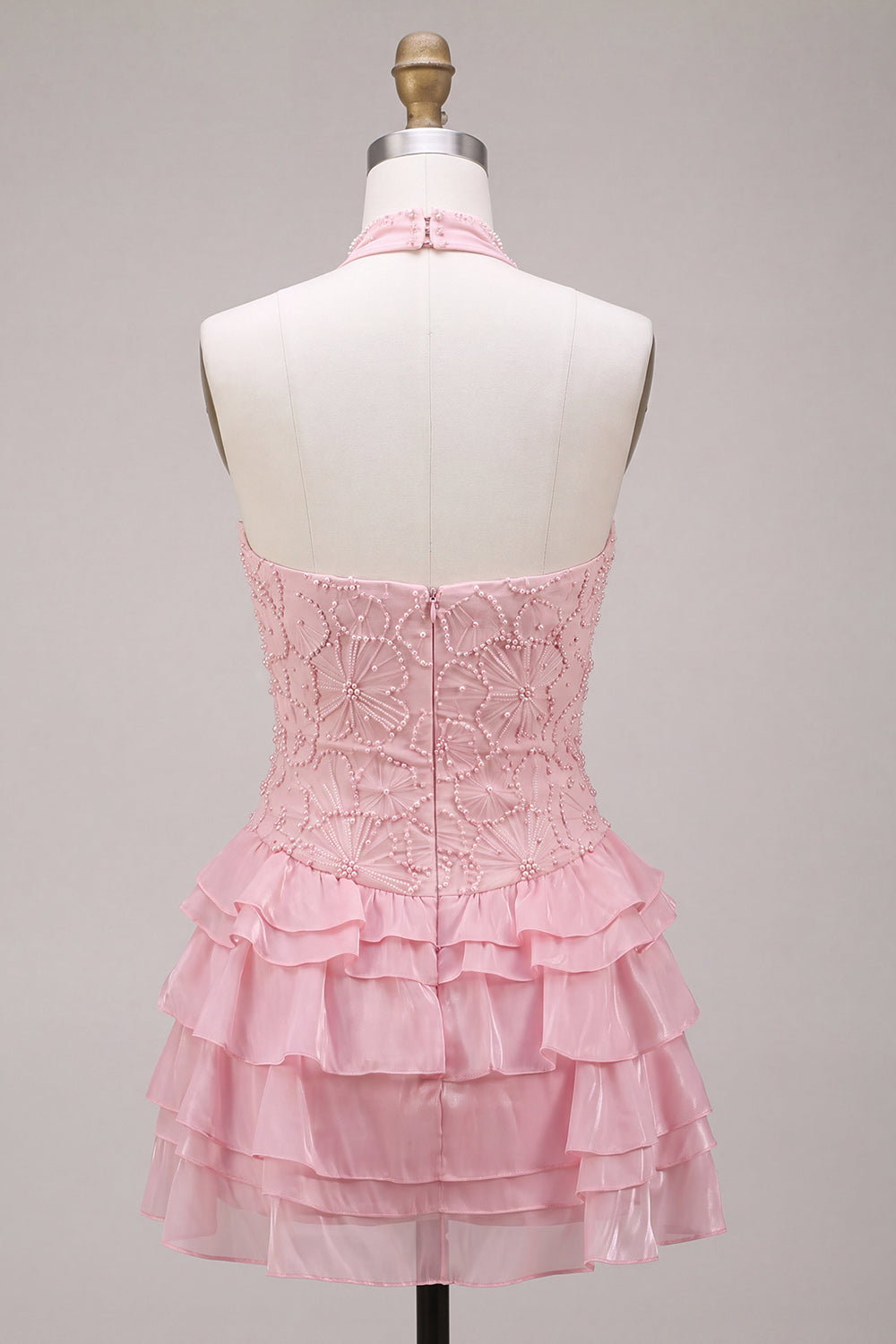 Floral Pink A Line Beaded Halter Short Homecoming Dress with Ruffles