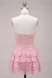 Floral Pink A Line Beaded Halter Short Homecoming Dress with Ruffles