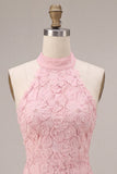 Floral Pink A Line Beaded Halter Short Homecoming Dress with Ruffles