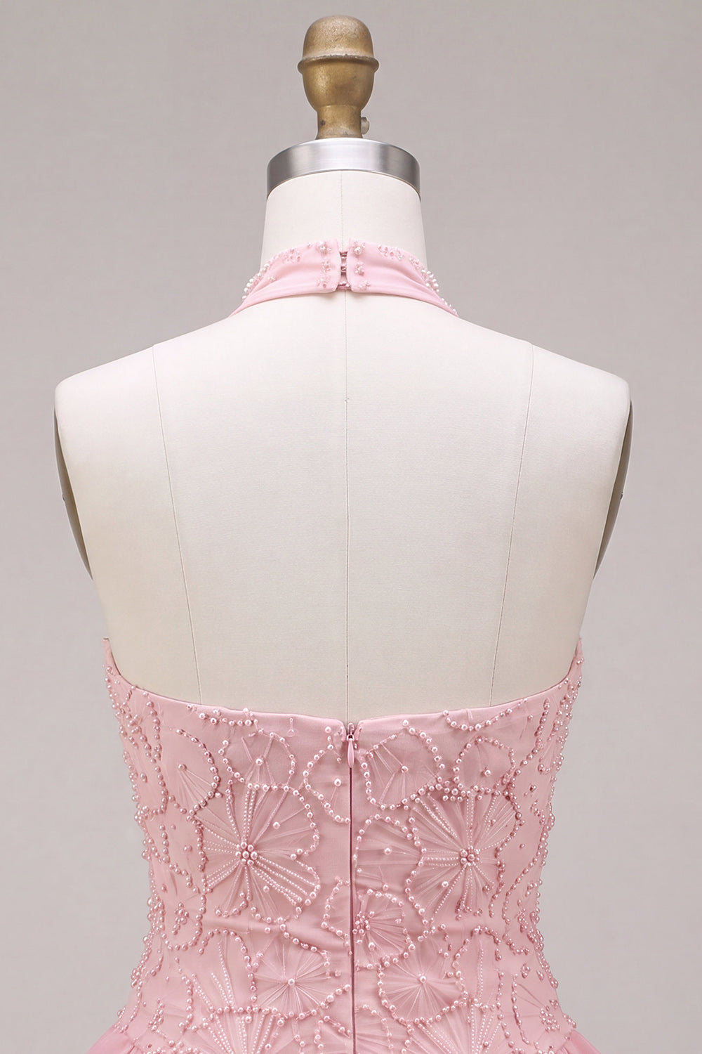 Floral Pink A Line Beaded Halter Short Homecoming Dress with Ruffles