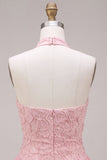 Floral Pink A Line Beaded Halter Short Homecoming Dress with Ruffles