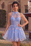 A Line Sky Blue Floral Corset Embroidered Short Homecoming Dress