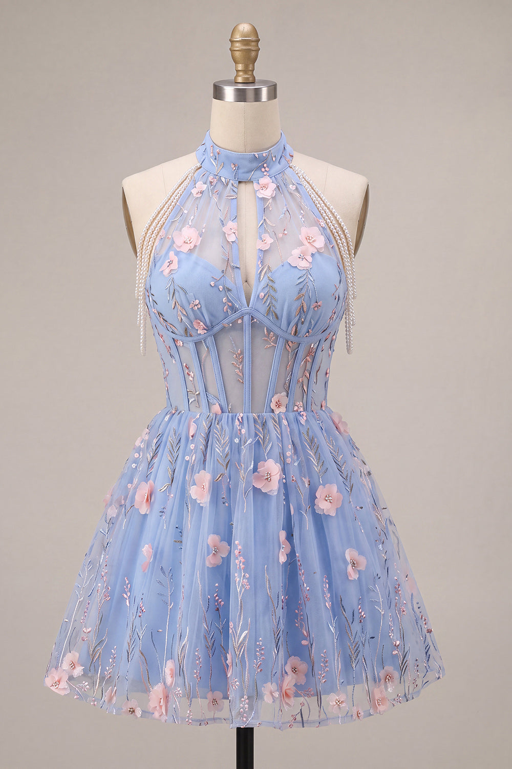 A Line Sky Blue Floral Corset Embroidered Short Homecoming Dress