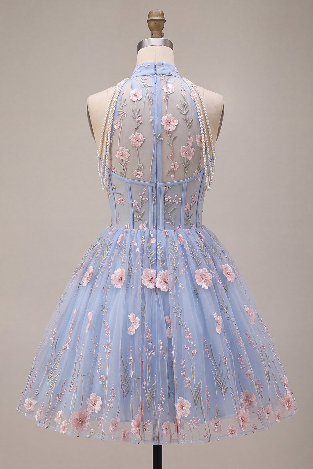 A Line Sky Blue Floral Corset Embroidered Short Homecoming Dress