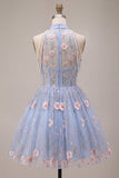 A Line Sky Blue Floral Corset Embroidered Short Homecoming Dress