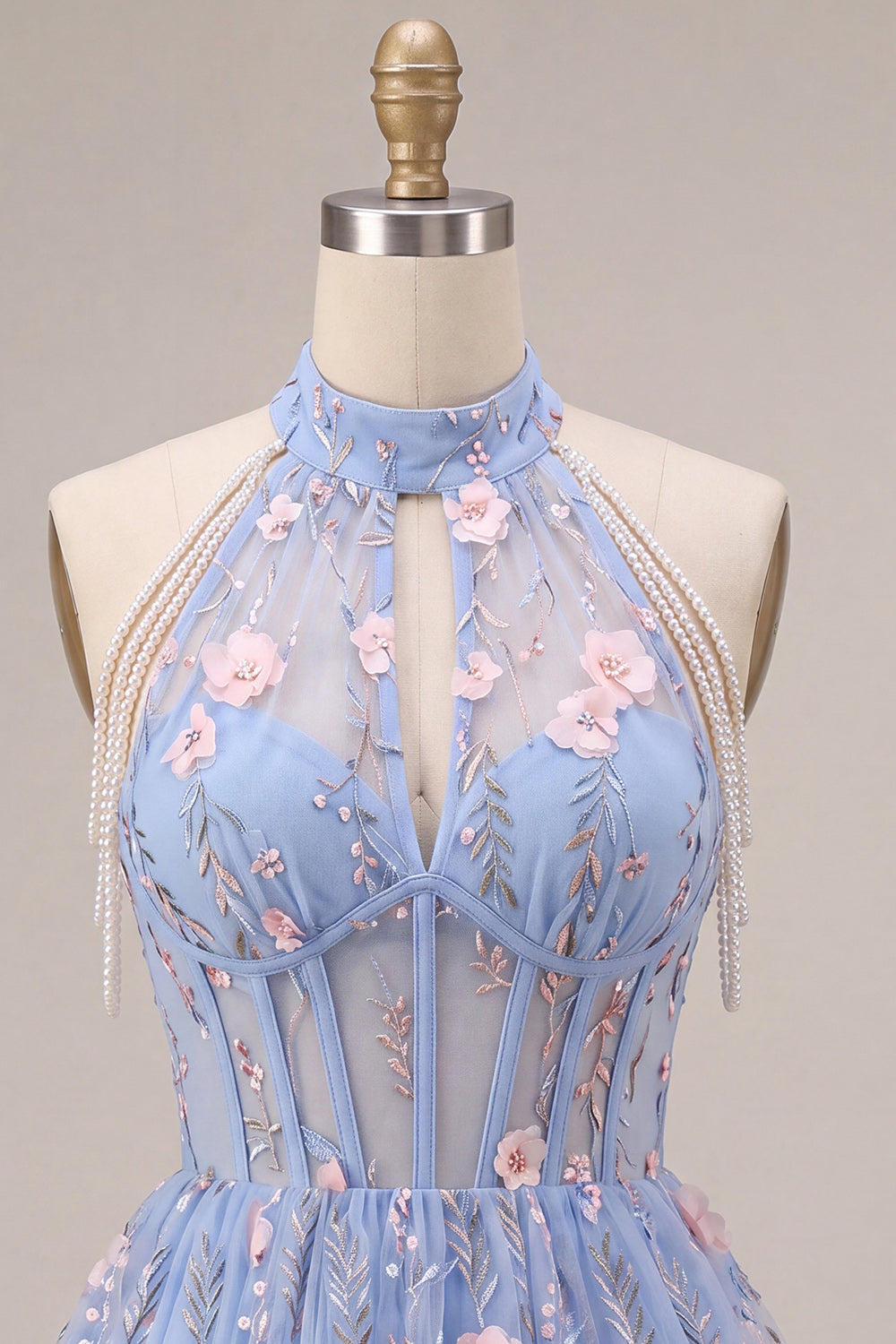 A Line Sky Blue Floral Corset Embroidered Short Homecoming Dress