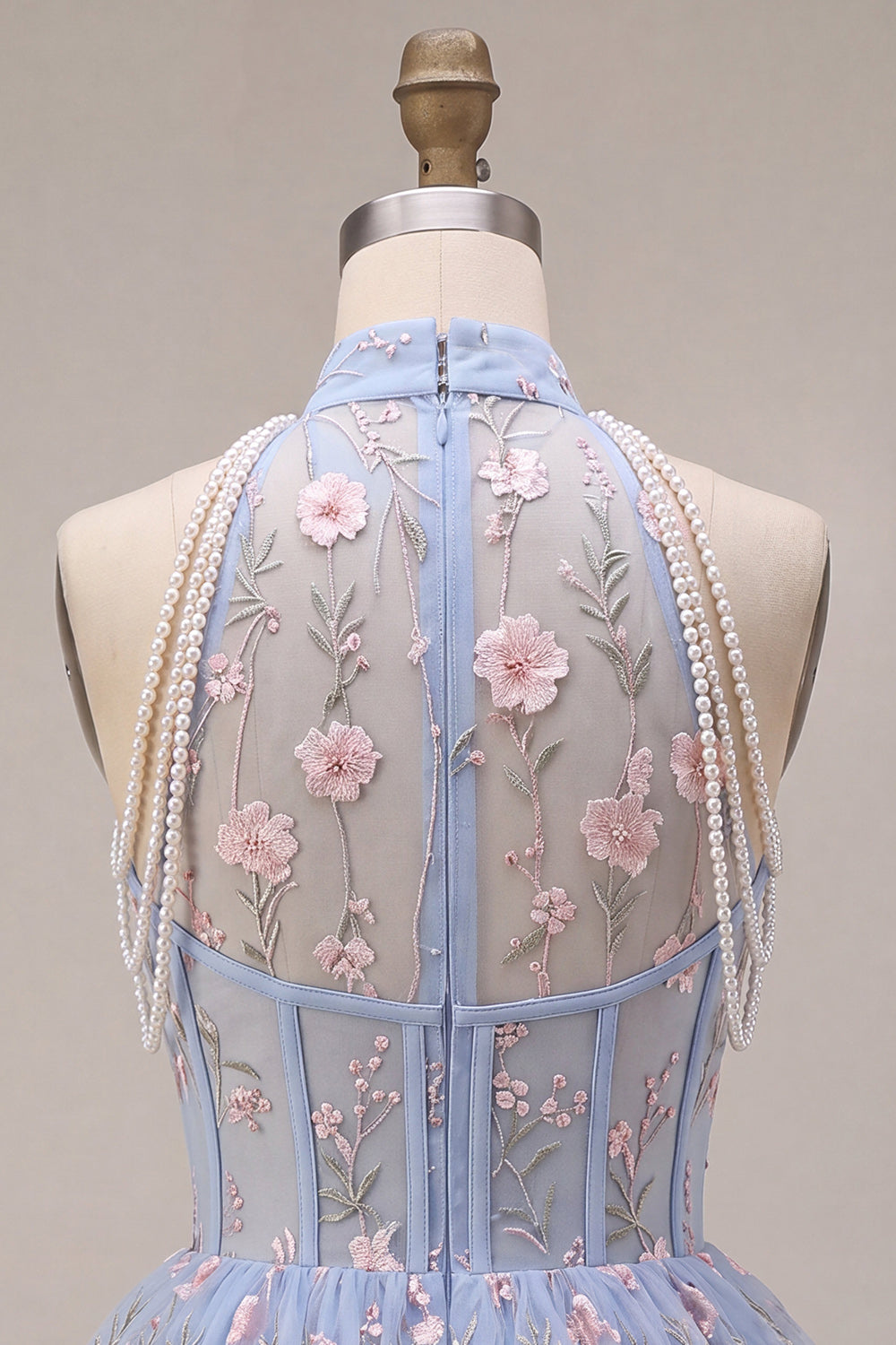 A Line Sky Blue Floral Corset Embroidered Short Homecoming Dress