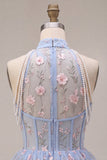 A Line Sky Blue Floral Corset Embroidered Short Homecoming Dress