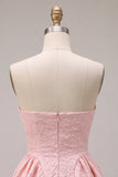 Pink A Line Strapless Jacquard Short Homecoming Dress