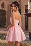 Pink A Line Strapless Jacquard Short Homecoming Dress