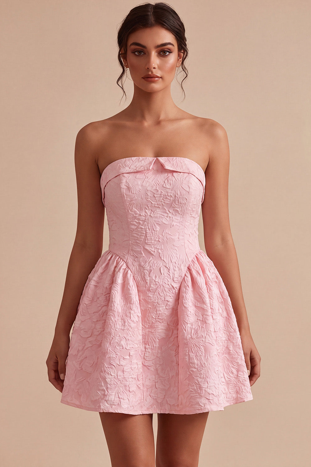 Pink A Line Strapless Jacquard Short Homecoming Dress