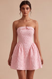 Pink A Line Strapless Jacquard Short Homecoming Dress