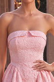 Pink A Line Strapless Jacquard Short Homecoming Dress