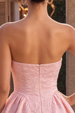 Pink A Line Strapless Jacquard Short Homecoming Dress