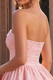 Pink A Line Strapless Jacquard Short Homecoming Dress