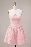 Pink A Line Strapless Jacquard Short Homecoming Dress