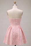 Pink A Line Strapless Jacquard Short Homecoming Dress