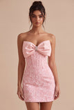 Floral Pink Corset Tight Short Homecoming Dress with Bow