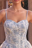 A Line Dusty Blue Floral Spaghetti Straps Short Homecoming Dress