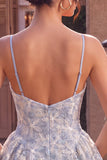 A Line Dusty Blue Floral Spaghetti Straps Short Homecoming Dress