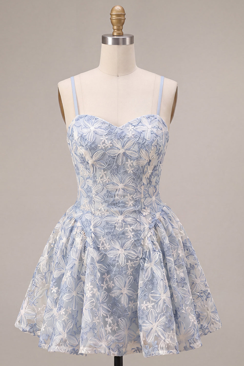 A Line Dusty Blue Floral Spaghetti Straps Short Homecoming Dress