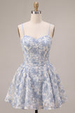 A Line Dusty Blue Floral Spaghetti Straps Short Homecoming Dress